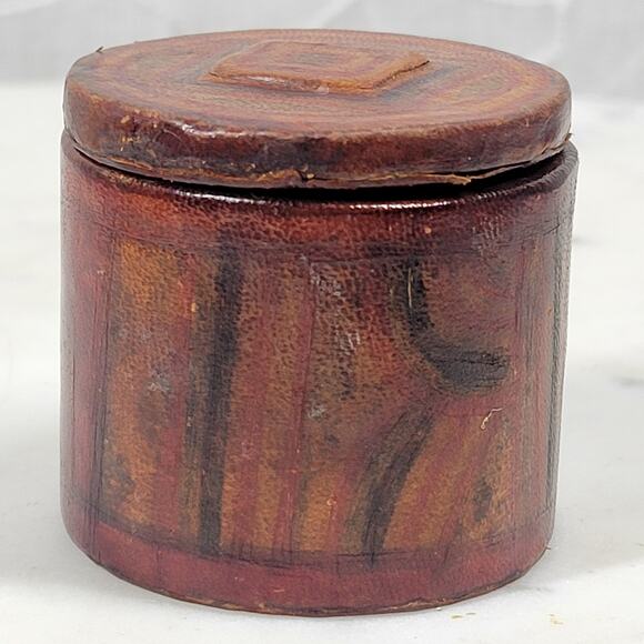 VTG Leather Box Lid 1.75" Brown Red Tooled Cylynder Storage Jar Travel - Picture 13 of 15